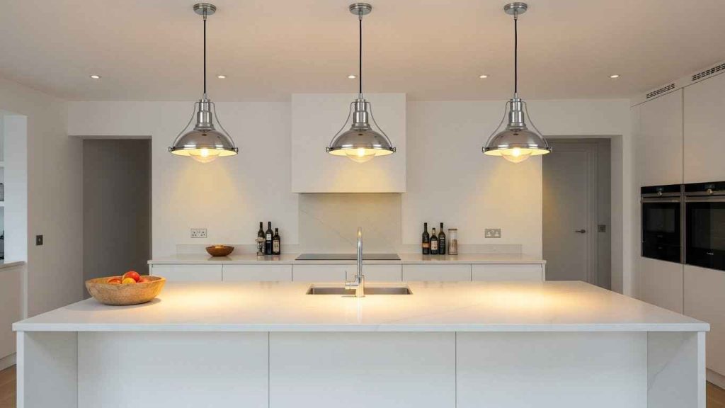 White Kitchen Island with Pendant Lighting