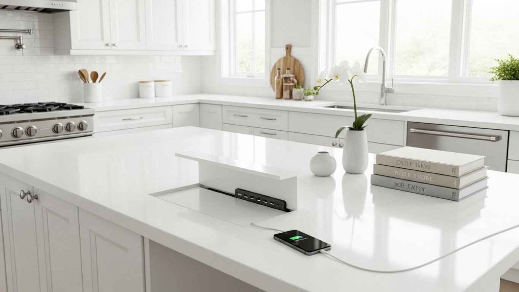 White Kitchen Island with a Built-In Charging Station