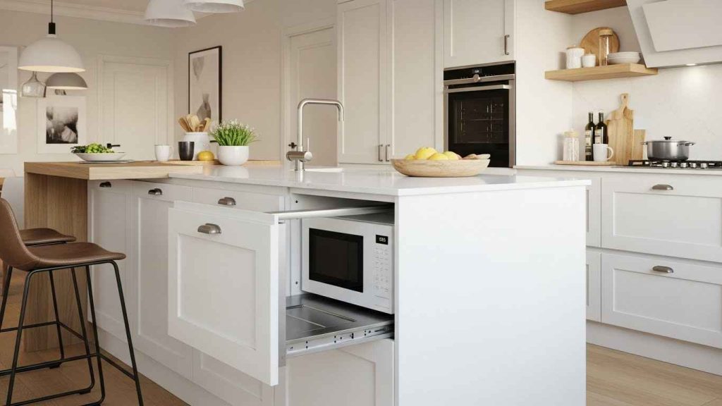 White Kitchen Island with a Built-In Microwave