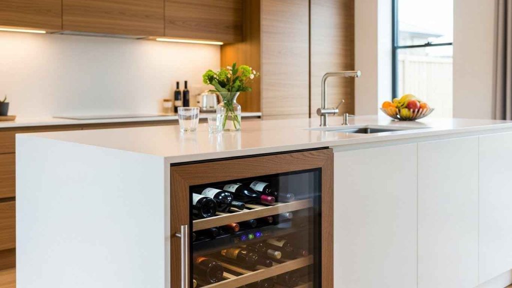 White Kitchen Island with a Wine Fridge