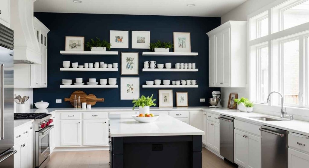 White Kitchen with Blue Accent Wall