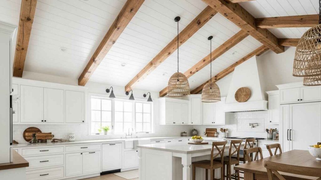 White Kitchen with Exposed Wood Beams