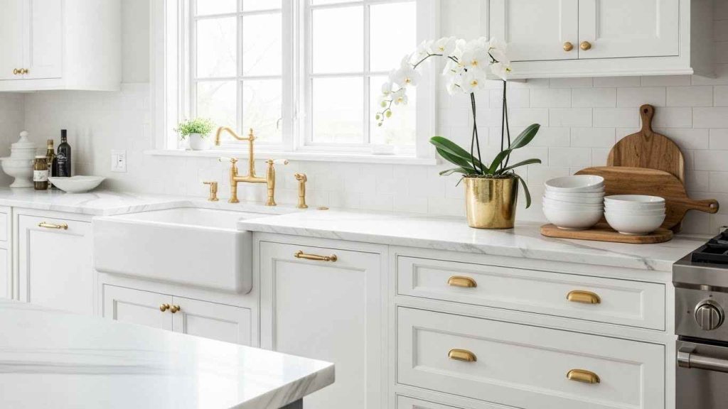 White Kitchen with Gold Fixtures