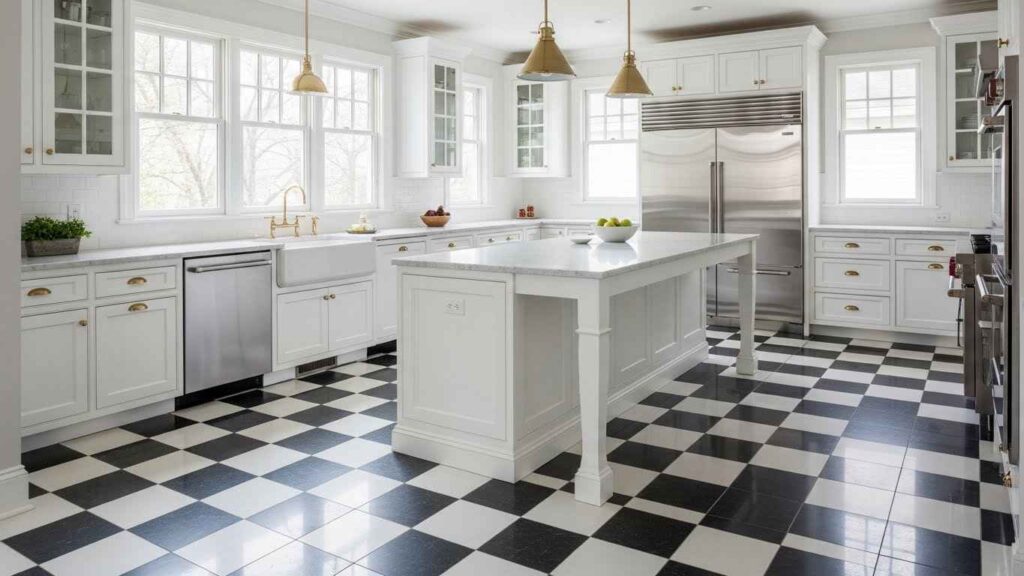 White Kitchen with Patterned Flooring