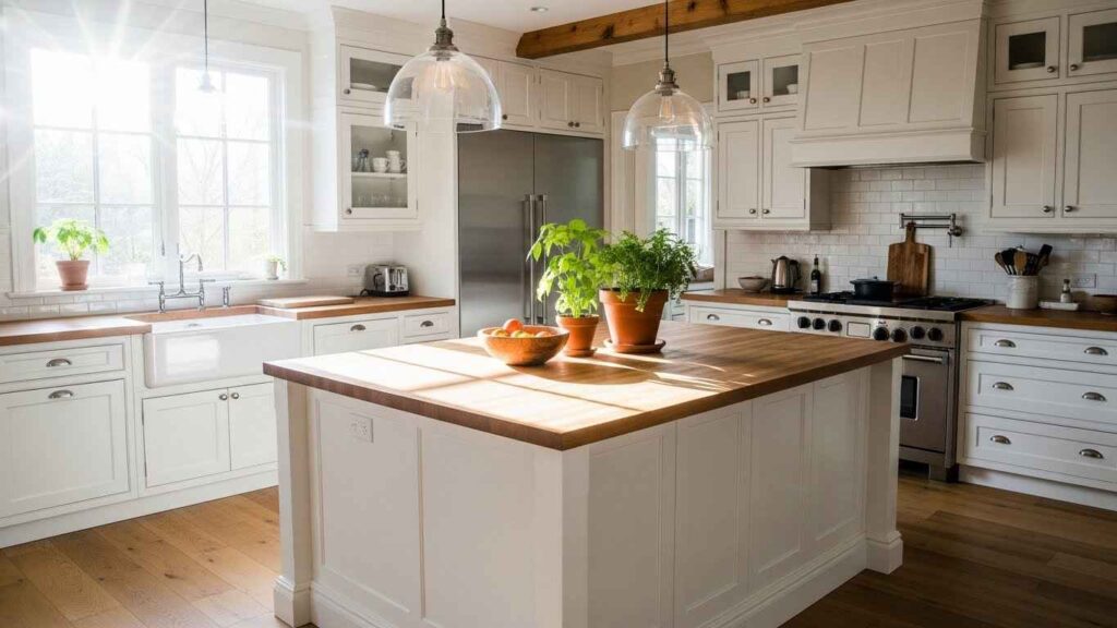 White Kitchen with Warm Wood Tones