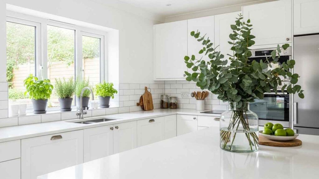 White Kitchen with a Pop of Greenery