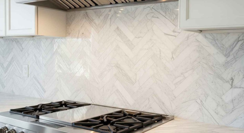 White Marble Herringbone Backsplash