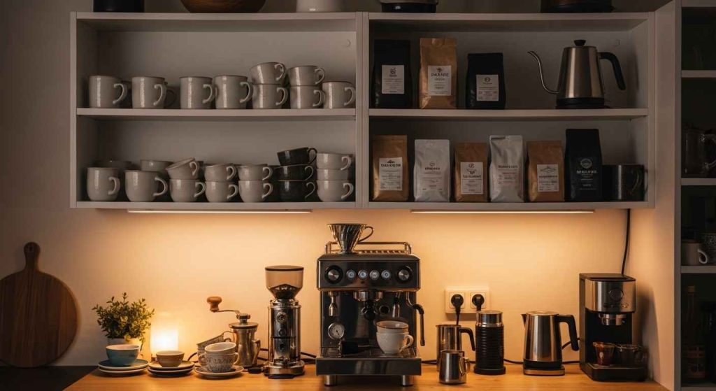 White Open Shelving for Coffee and Tea Stations