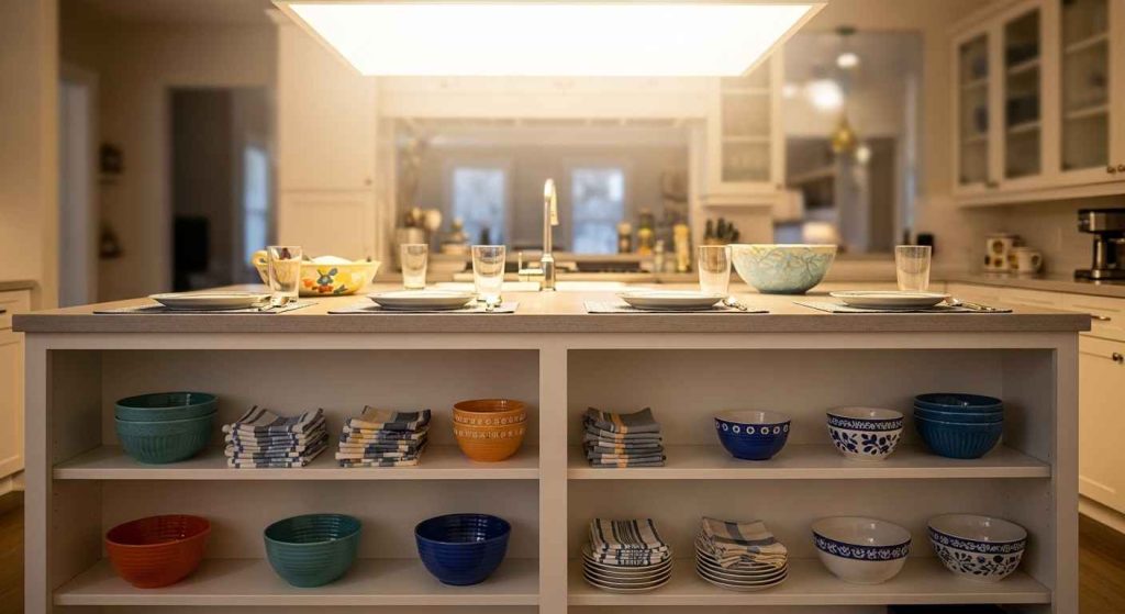 White Open Shelving in a Kitchen Island