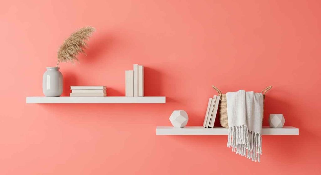 White Open Shelving with a Pop of Color