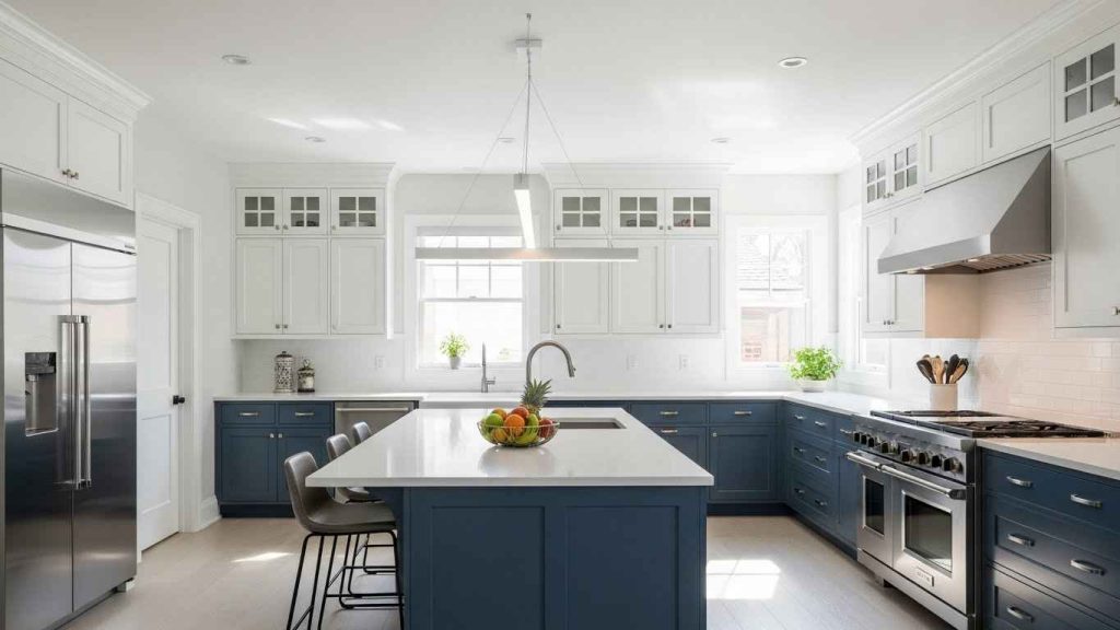 White Pendants in a Two-Tone Kitchen