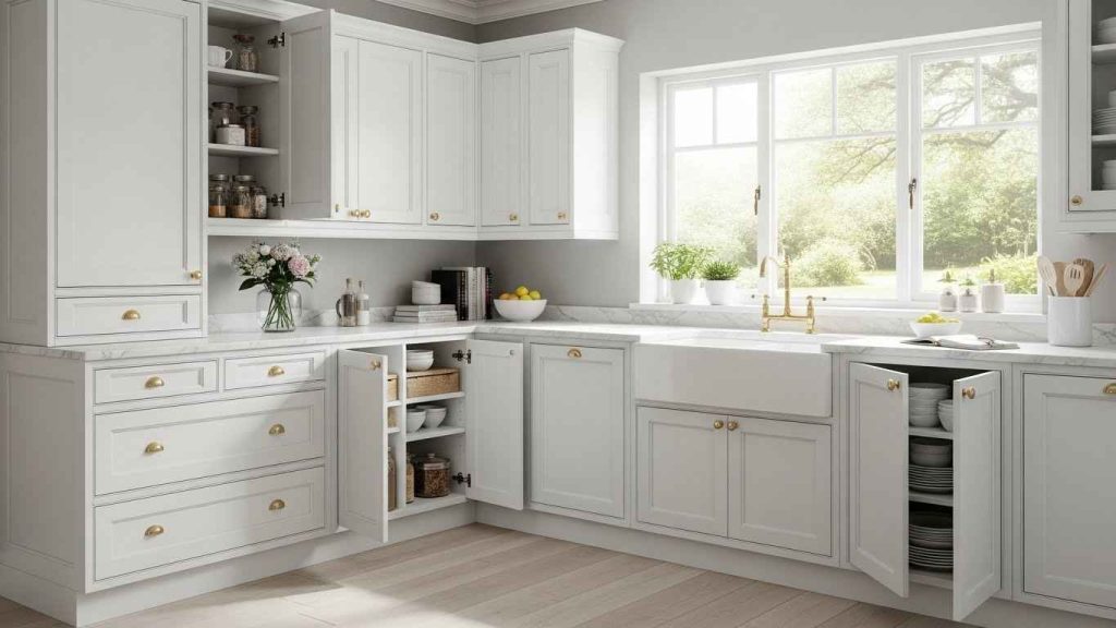White Shaker Cabinets & Gold Hardware