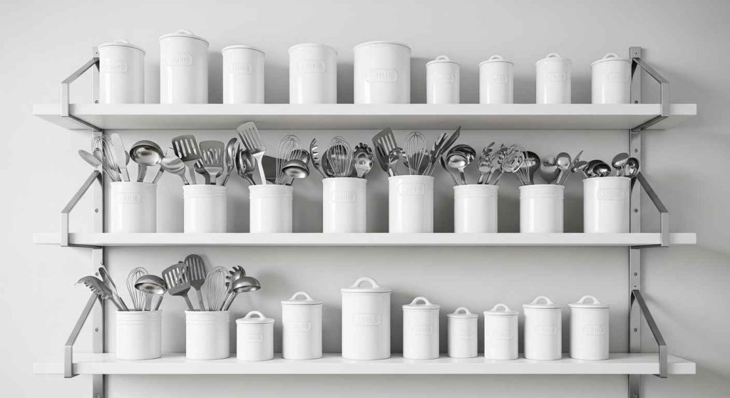 White Shelves with Metal Accents and Supports