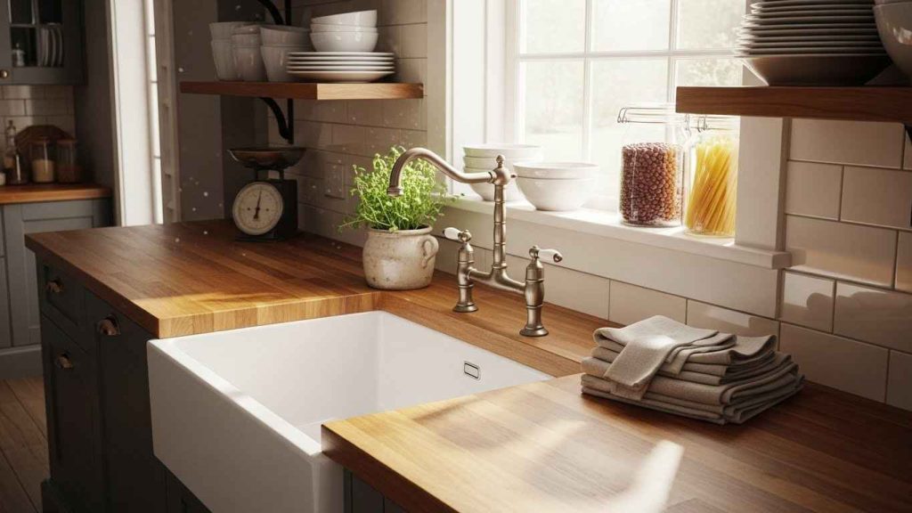 White Sinks in a Butcher Block Counter