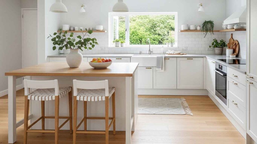 White Stools with Natural Wood Accents