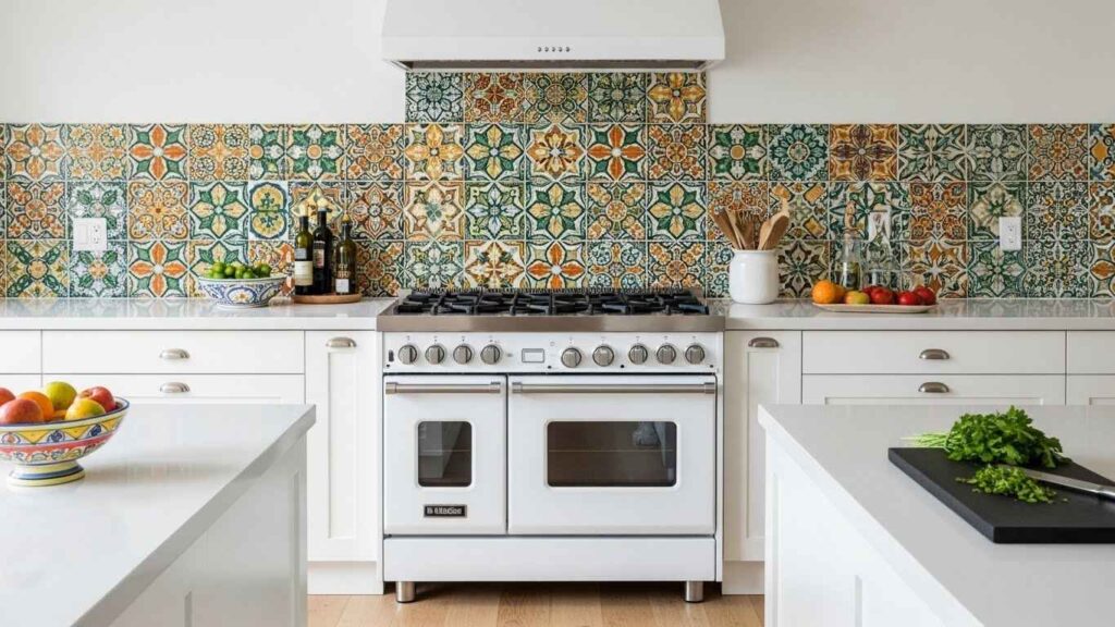 White Stove with Bold Backsplash
