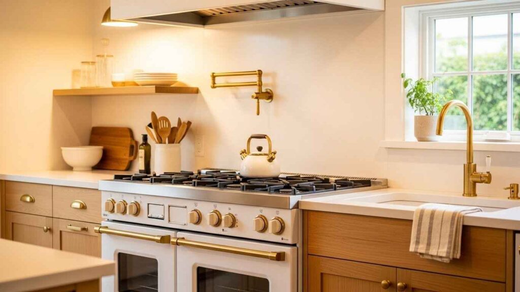 White Stove with Brass Fixtures