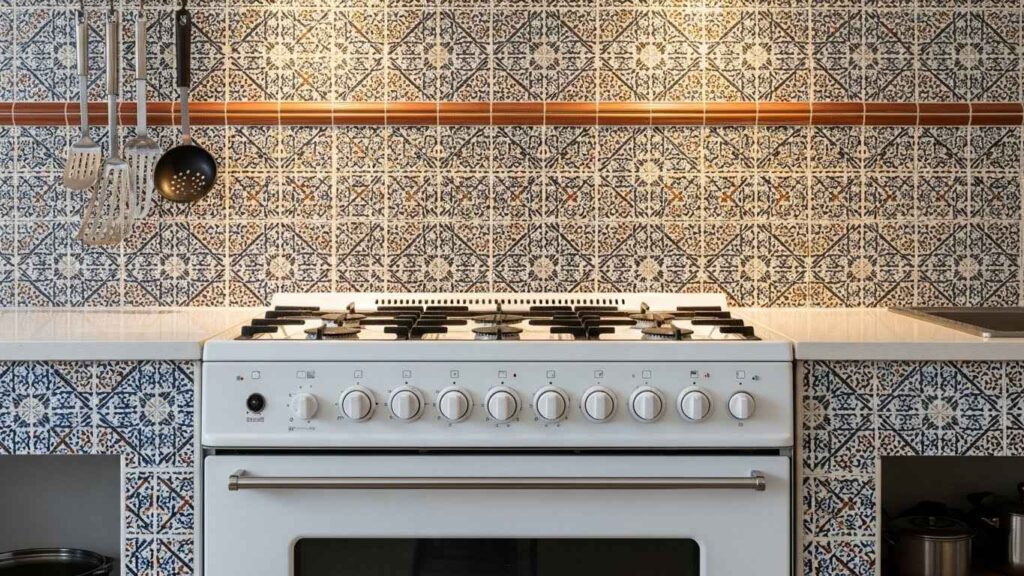 White Stove with Patterned Tile