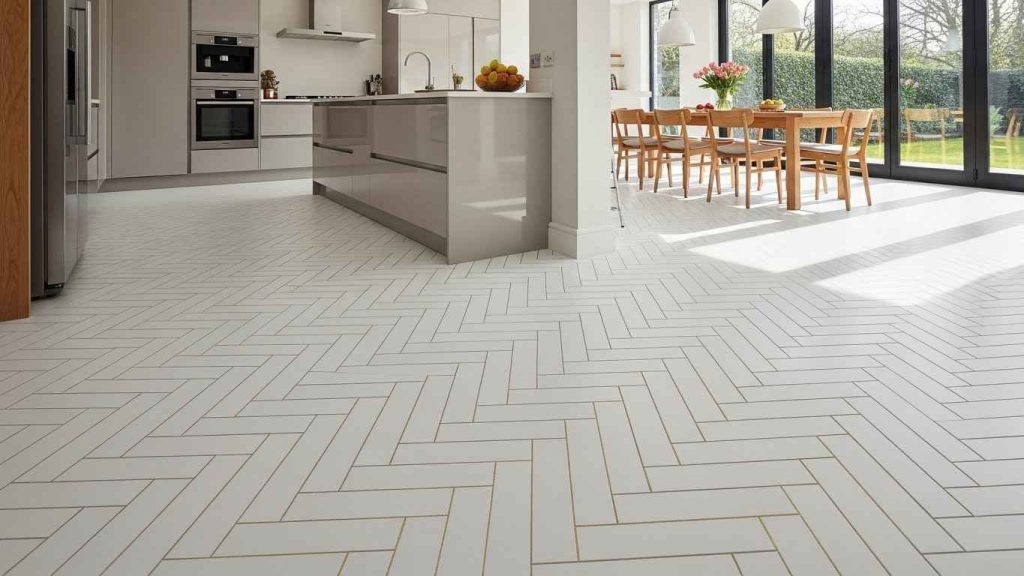 White and Gold Herringbone Flooring