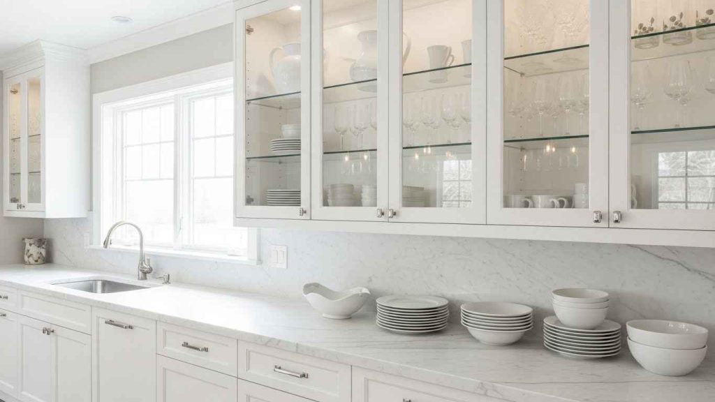 White with Glass Front Cabinets