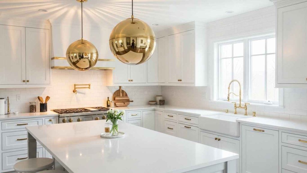 White with Warm Brass Finishes