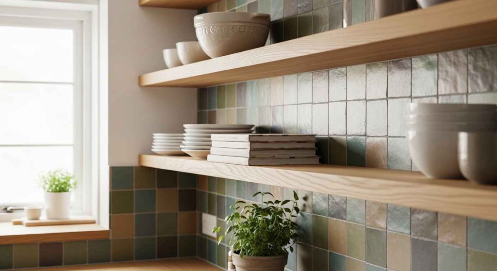 Zellige Tile Behind Open Shelving