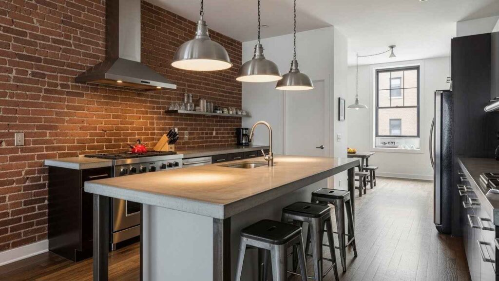 Industrial Chic with Metal Stools and Pendants