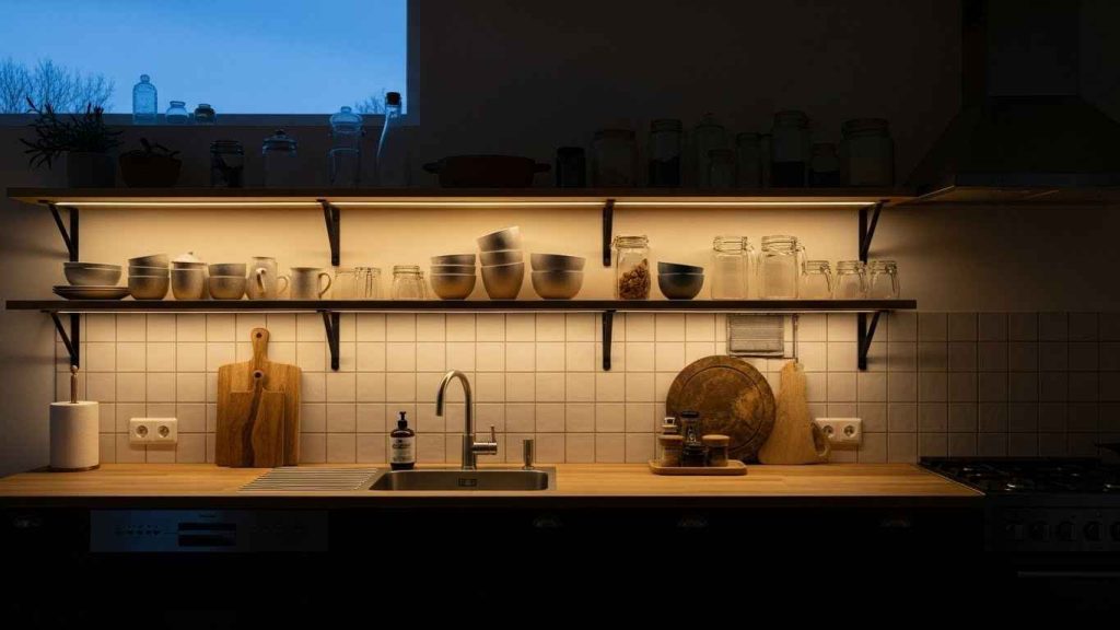 Backsplash Shelves with Integrated Lighting