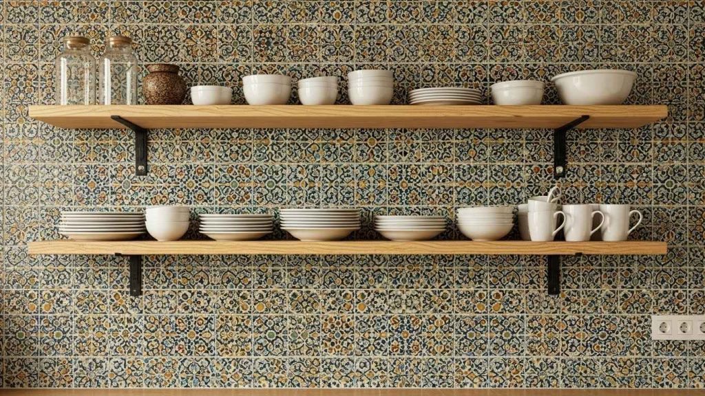 Bold Patterned Tile with Simple Shelves