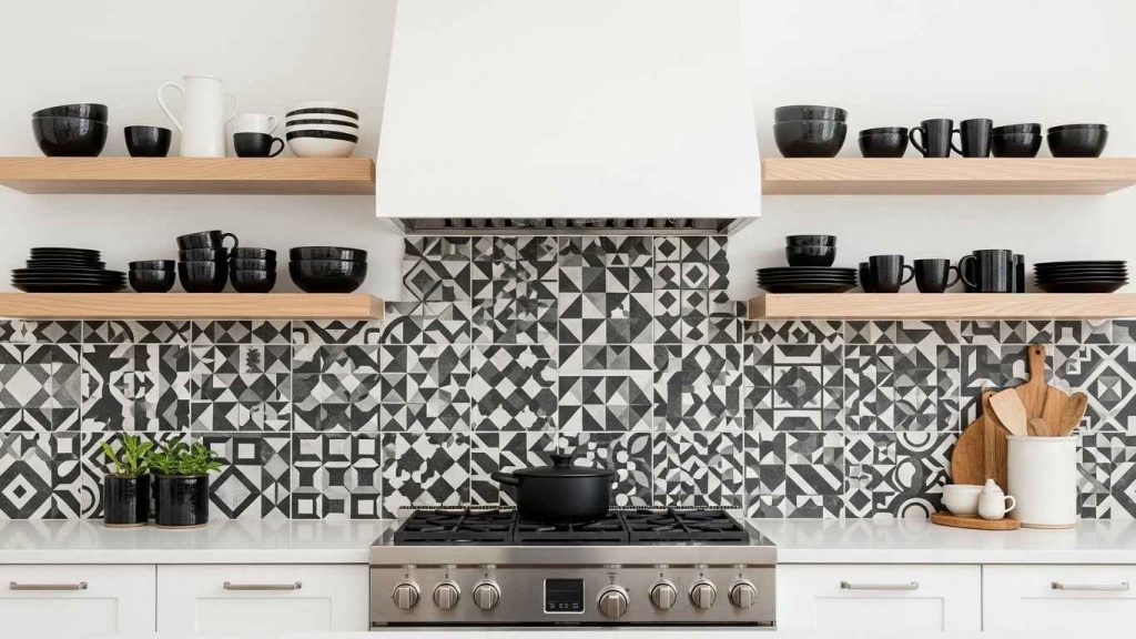 Geometric Tile with Floating Wooden Shelves