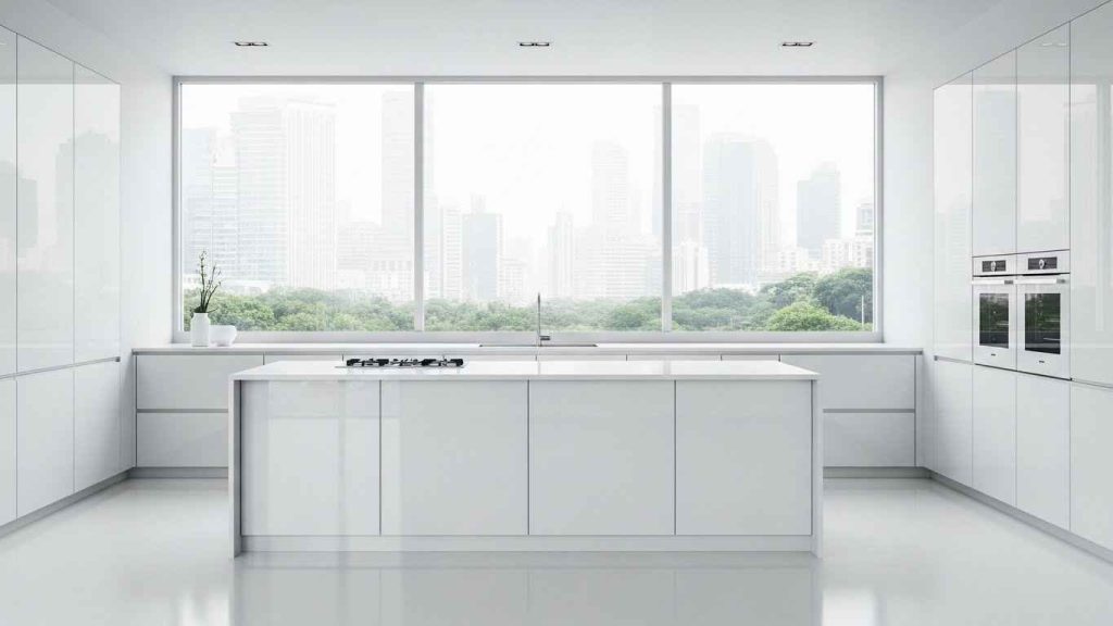High-Gloss White Kitchen with a View