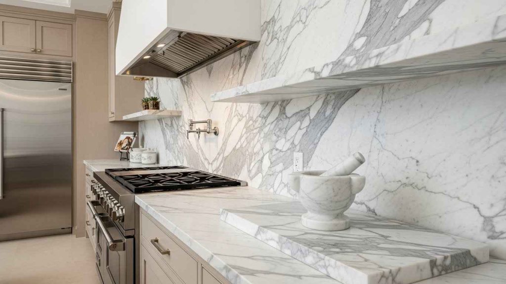 Marble Backsplash with Matching Shelves