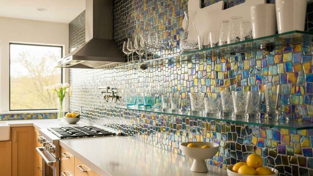 Mosaic Tile with Delicate Glass Shelving