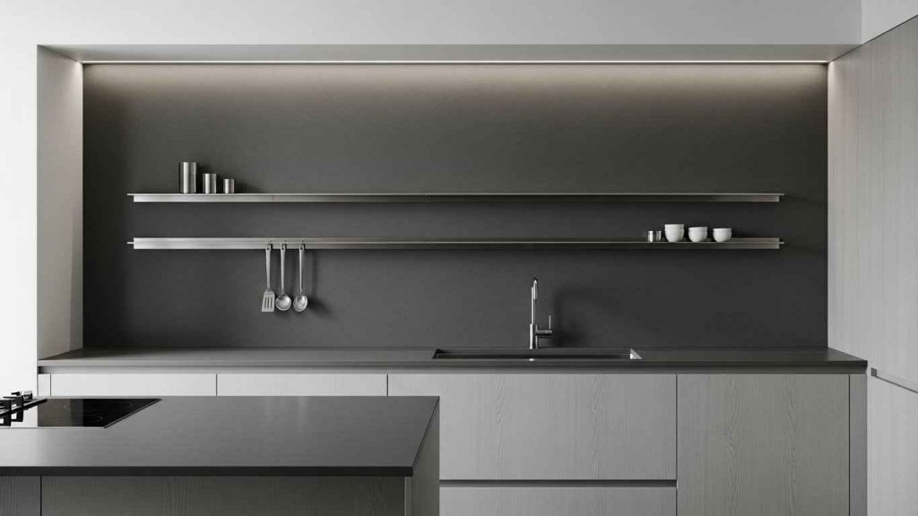 Sleek Metal Shelves on a Solid Slab