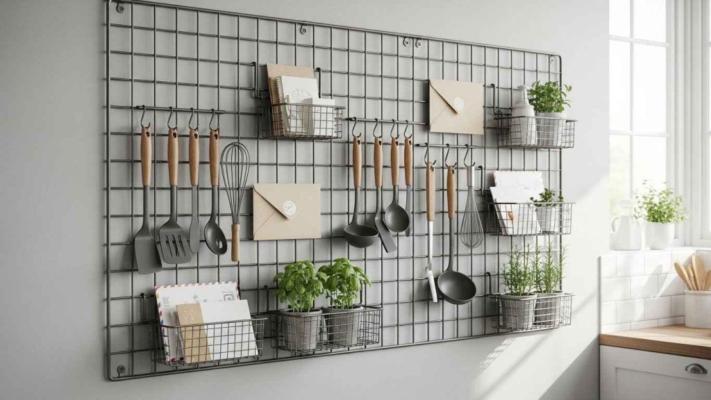 Wall Grid with Hooks and Baskets