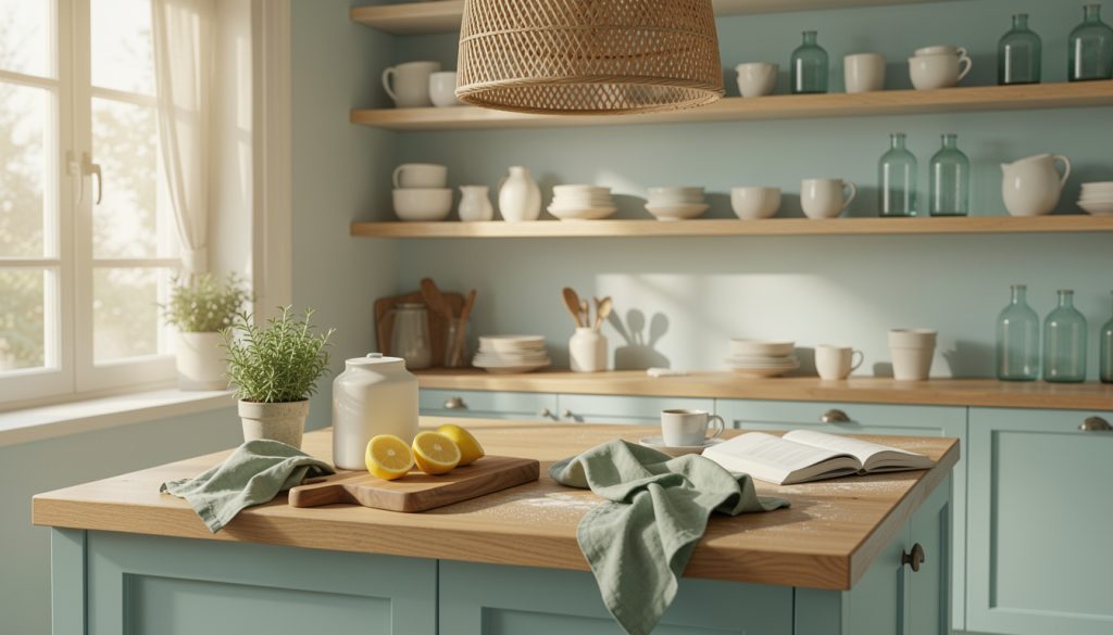 13 Coastal Beach Kitchen Decor Looks With Soft Blues and Woven Texture